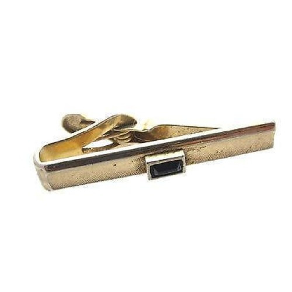 Vintage Gold Plated Signed Swank Black Rhinestone Accent‎ Small Tie Clip Clasp